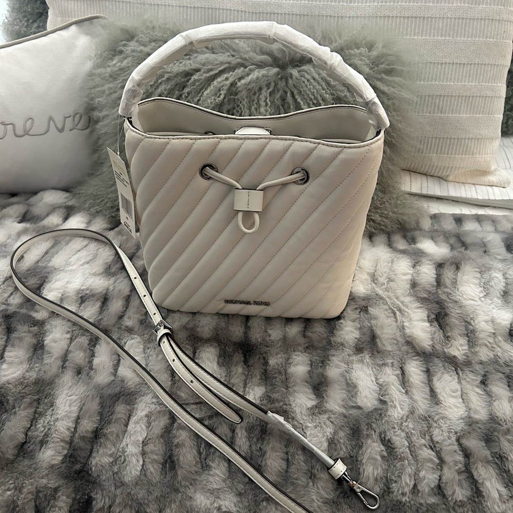 MICHAEL Michael Kors Optic White Quilted Drawstring Bucket Bag